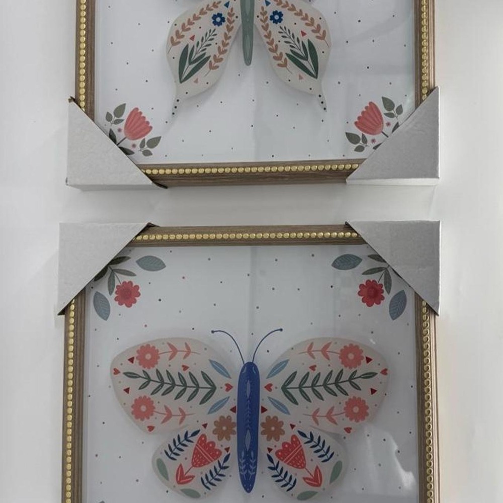 Set of 2 Butterfly Framed Wall Art Floral Leaf Motif Red Blue Green 12x12